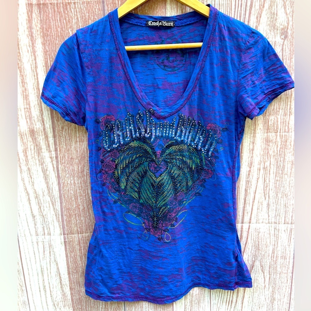 VINTAGE 90s Y2K Burn Out Studded dragons slub knit Baby Tee Crash and Burn L